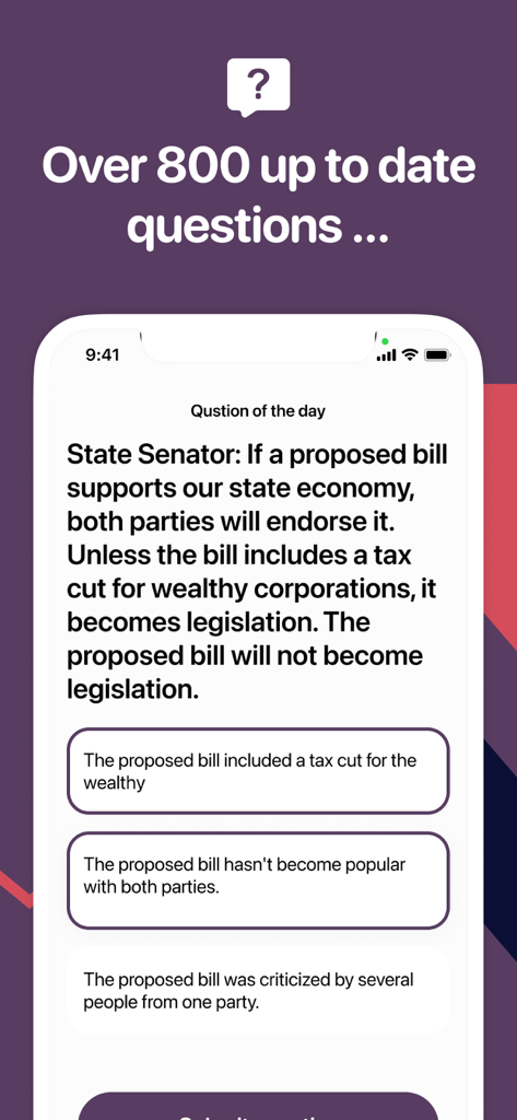 LSAT Prep - LSAT Prepアプリのモバイルインターフェイス、論理的推論の今日の質問と複数の選択肢を表示