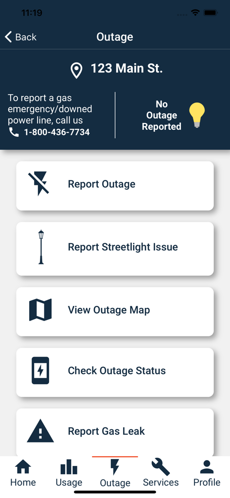 PSE&G - The outage reporting screen of the PSE&G mobile app showing options to report outages and view outage maps