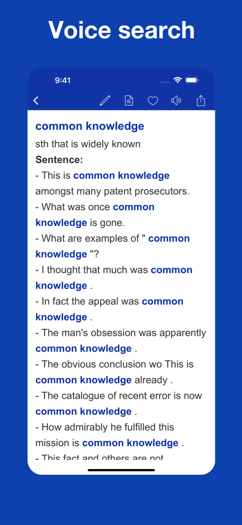 音声検索付きの一般的な知識のコロケーションの例文が表示されているモバイルアプリのスクリーンショット。