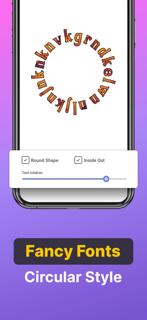 Fonts - Logo Maker - Mobile app interface displaying circular text design with options for round shape and text rotation