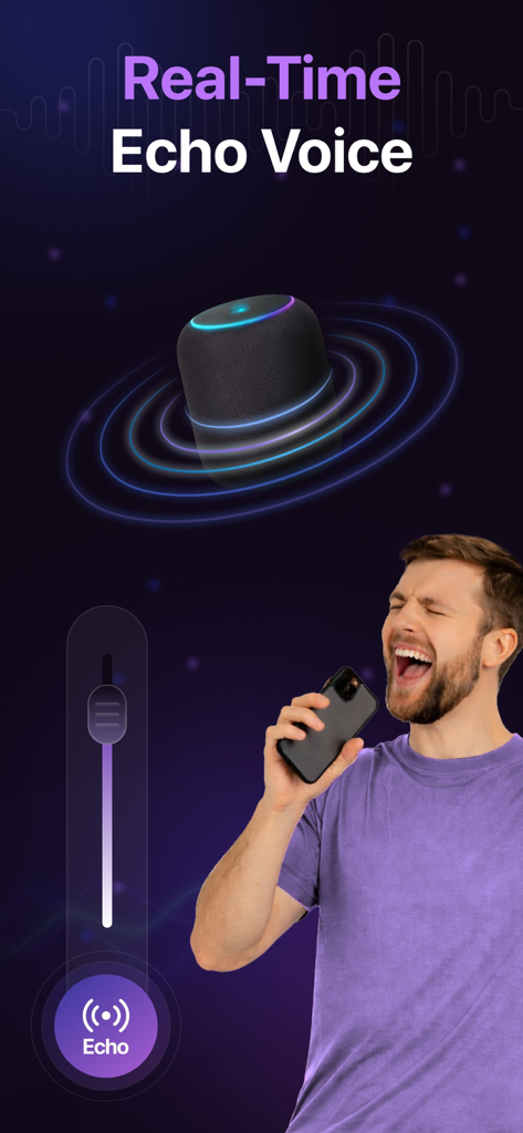 Mic to Speaker - Megaphone - Um homem cantando em seu smartphone usando o aplicativo Mic to Speaker para produzir eco em tempo real através de um alto-falante sem fio.