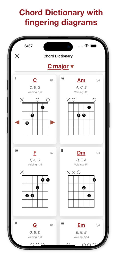 Chord Craft app interface displaying a chord dictionary with guitar fingering diagrams for various chords