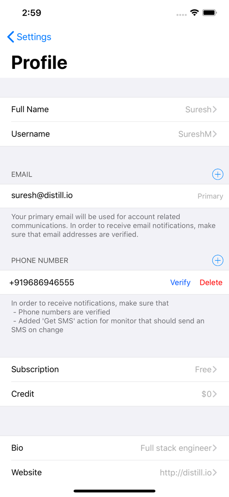 User profile screen in the Distill Web Monitor app showing contact information and subscription details