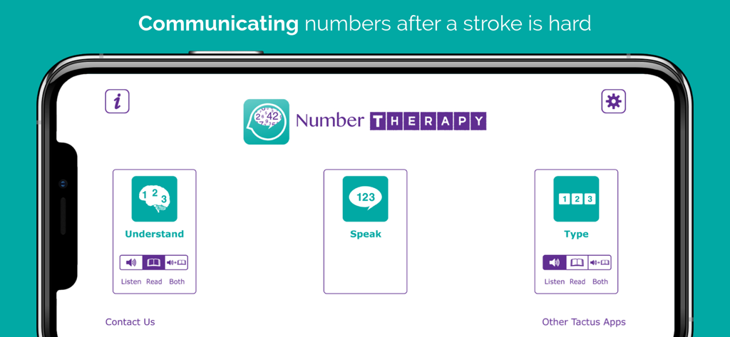 Startbildschirm der Number Therapy App mit den Modulen Verstehen, Sprechen und Tippen.