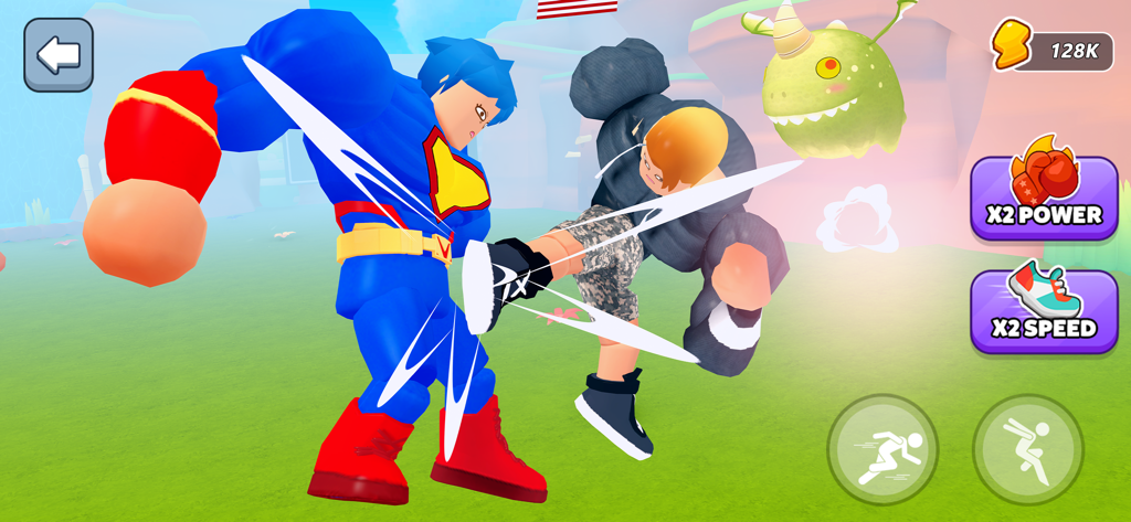 Gym King Pro Idle Clicker Game - Muscular superhero character performing a powerful kick in Gym King Pro idle clicker game