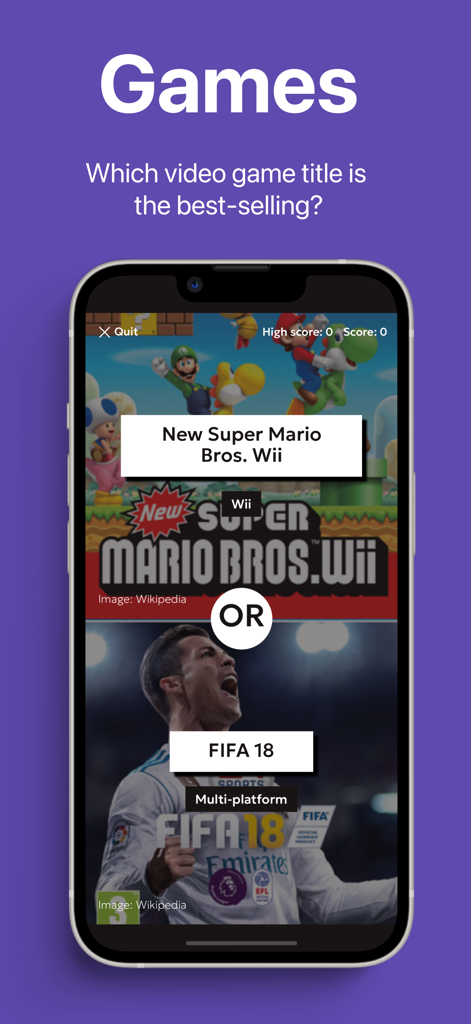 Una captura de pantalla móvil del juego 'Mayor o Menor' preguntando para comparar ventas entre New Super Mario Bros. Wii y FIFA 18.