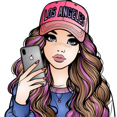 realistic beautiful girl wearing los ángeles cap holding an iphone