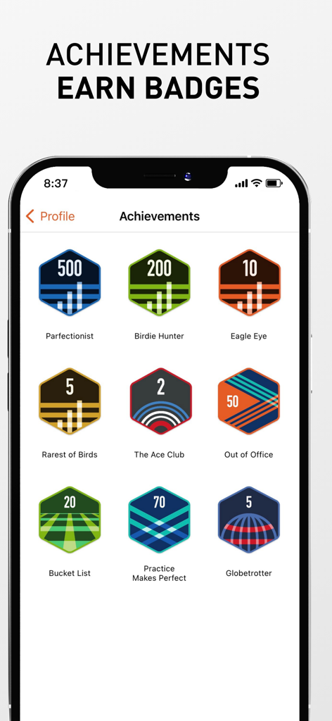 VPAR Golf GPS & Scorecard - A display of golf achievement badges in the VPAR app including Birdie Hunter and Eagle Eye
