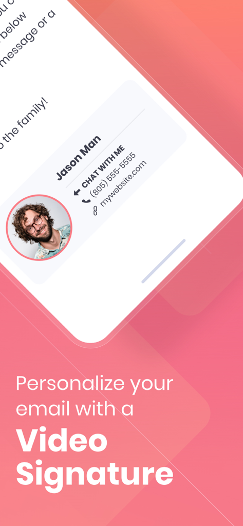 Warm Welcome - Una vista previa de una firma de correo electrónico de video que presenta una foto de perfil e información de contacto de un profesional llamado Jason Man.