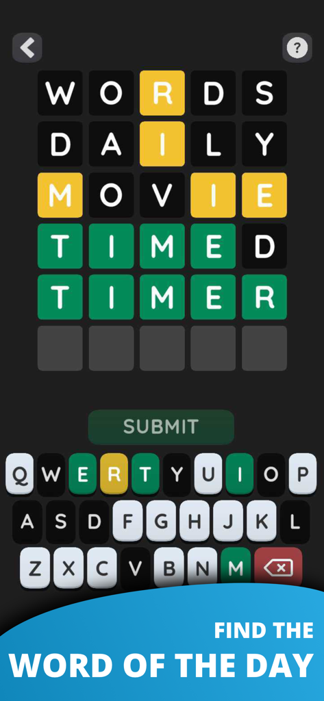 Wordling・Brain Word Game - Wordling脳単語ゲームの、色分けされたヒントが表示される5文字の単語パズルインターフェイス