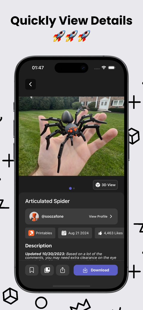 Interface of 3D GO app showing details and a photo of an articulated spider 3D printing model