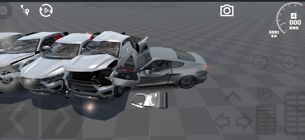 FlexicX - A realistic car crash simulation scene in FlexicX showing multiple vehicles with detailed softbody deformation and damage.