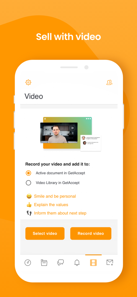 GetAccept - Mobile interface of the GetAccept app showing options to record and add personalized sales videos to proposals.