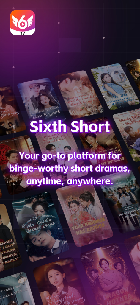 SixthShort - Stream Drama & TV - Interface de l'application SixthShort montrant une collection de mini-drames et de films addictifs à regarder en continu