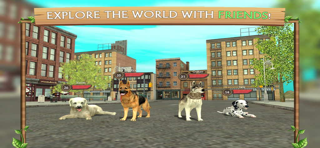 Dog Sim Online: Build A Family - Four different dog breeds standing together in a 3D city environment in Dog Sim Online