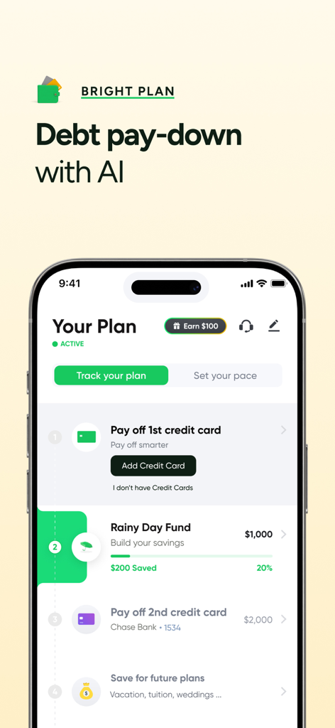 Bright app interface showing a personalized AI debt payoff and rainy day fund savings plan tracker