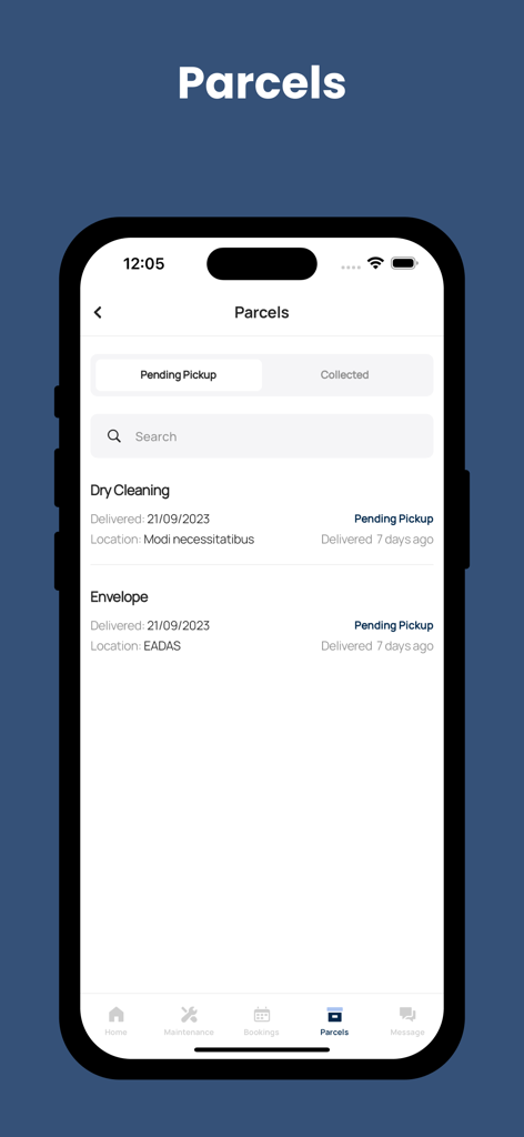 MYBOS Resident app interface showing a list of pending parcel pickups with delivery dates and locations.