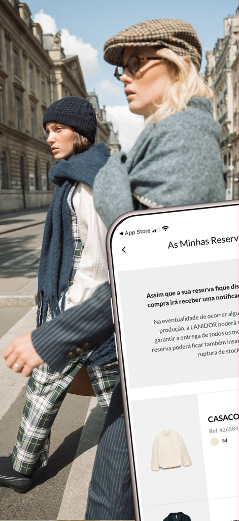 Lanidor para iPhone - A smartphone displaying the Lanidor app interface for clothing reservations against a background of stylish women in urban attire.
