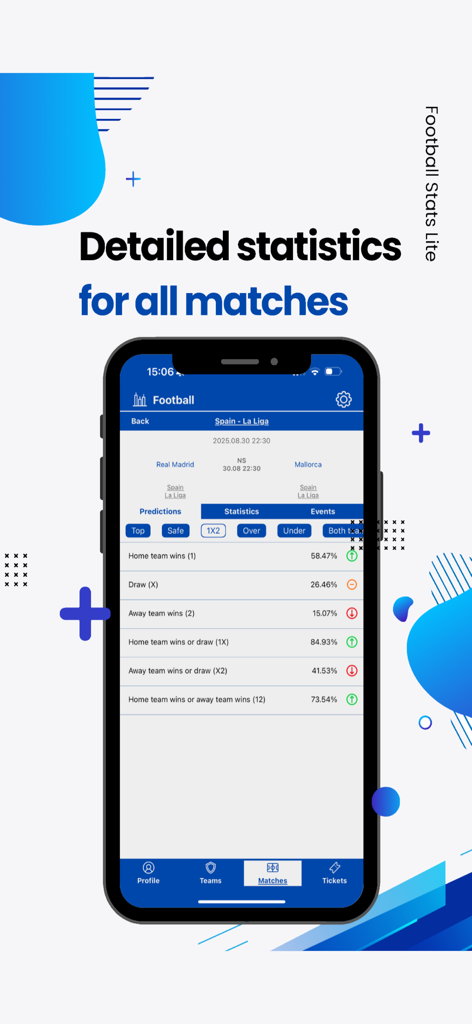 Football Stats Lite - Football Stats Lite mobile app interface displaying match predictions and win probabilities
