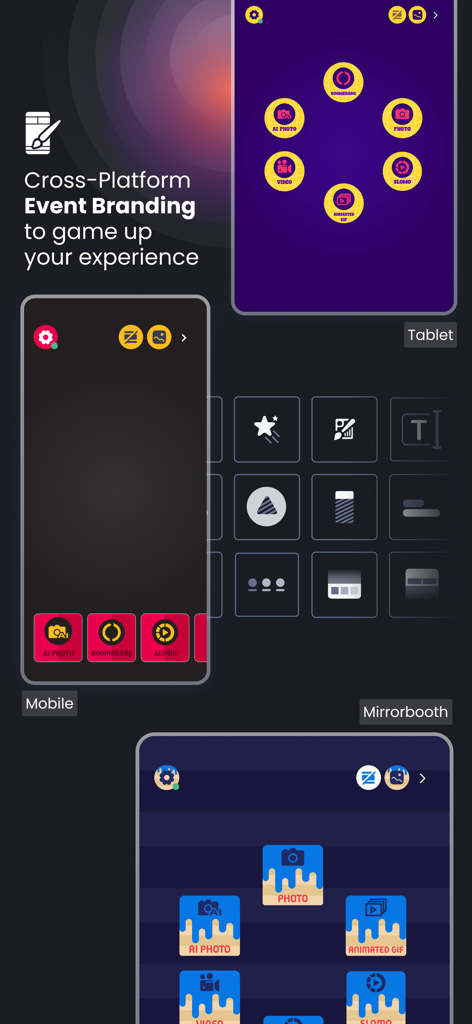 Touchpix interface showcasing cross platform branding for mobile tablet and mirrorbooth event setups