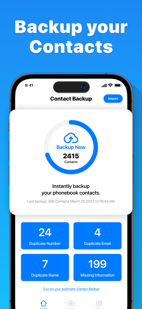 Interfaz de la aplicación de respaldo de contactos que muestra el progreso de la copia de seguridad y estadísticas de contactos duplicados
