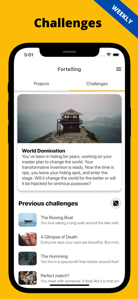 Fortelling - Writer Tools - Fortelling app screen showing weekly writing challenges and creative prompts
