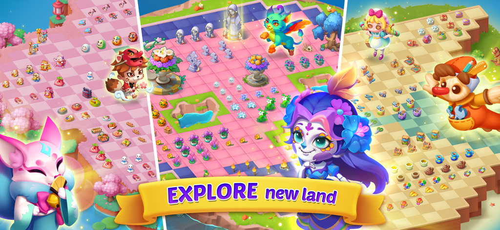 Merge Tales - Merge Tales gameplay screen showing diverse themed magical gardens and whimsical characters.