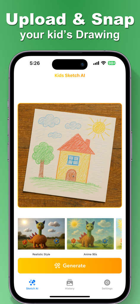 Kids Sketch AI: Drawing to Art - Interfaz de la aplicación Kids Sketch AI mostrando el dibujo de una casa de un niño con opciones para generar arte de IA en diferentes estilos