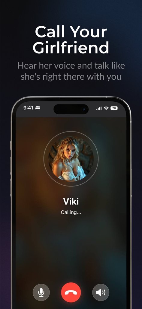 AI Girlfriend Chat: Roleplay - Interface of a voice call with an AI girlfriend character named Viki in the app