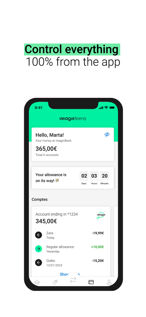imaginTeens - Your new card - imaginTeens app dashboard displaying account balance and allowance arrival timer.