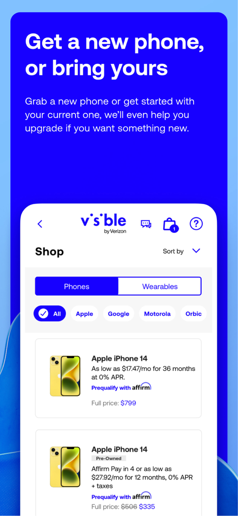 Visible mobile - Visible mobile app interface showing the phone shop with iPhone 14 listings and financing options
