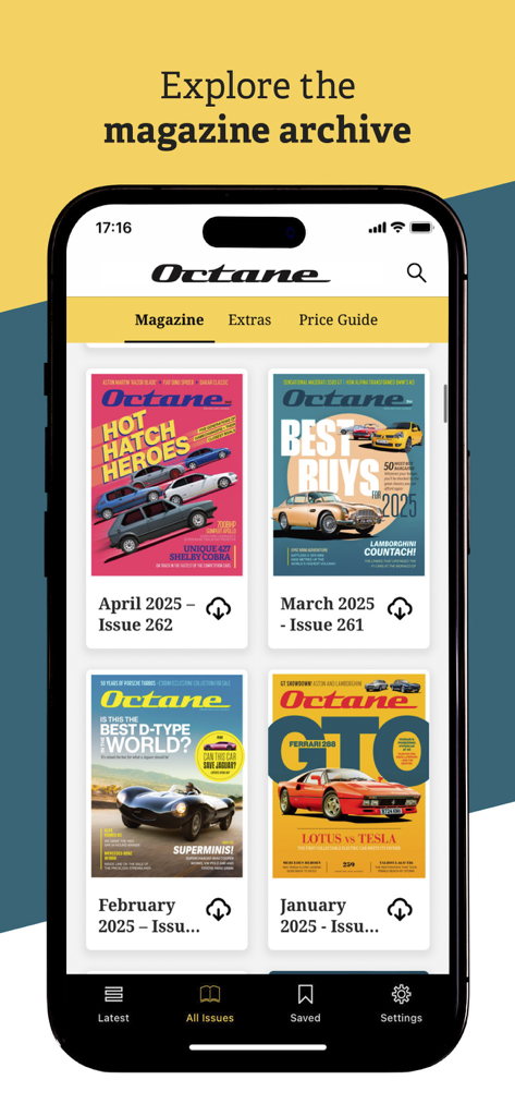 Octane Magazine app displaying a digital archive of classic car magazine issues.