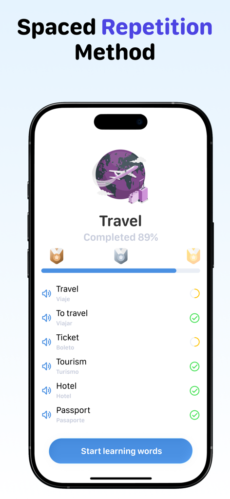 Learn English: Vocabulary - Interfaz de smartphone que muestra el Método de Repetición Espaciada para aprender vocabulario de viajes en inglés con seguimiento del progreso.