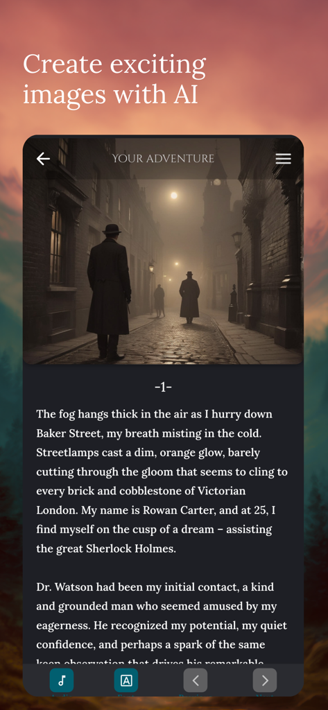 StoryZone app interface displaying an AI generated image of a Victorian street and a Sherlock Holmes narrative