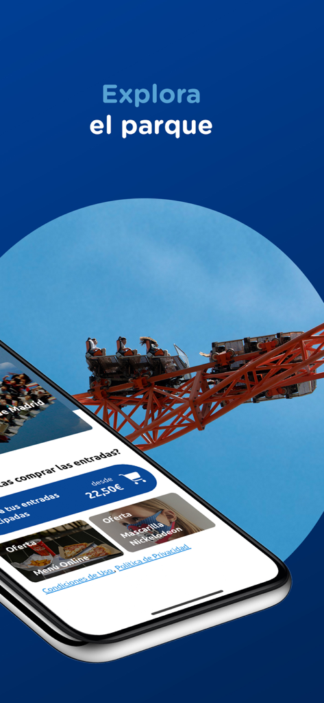 Parque de Atracciones Madrid - Um telefone móvel exibindo o aplicativo Parque de Atrações Madrid com uma montanha-russa ao fundo.