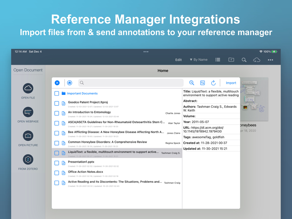 LiquidText app interface showing reference manager integration for research documents