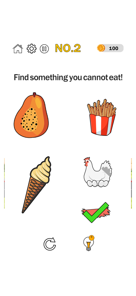 Screenshot of level 2 in Brain Test Tricky Puzzle Game asking the player to find something they cannot eat