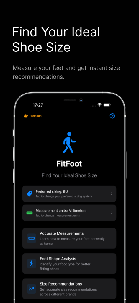 Foot Measure App – FitFoot - Pantalla de inicio de la aplicación FitFoot con opciones para medir los pies y recomendaciones de tallas de zapatos