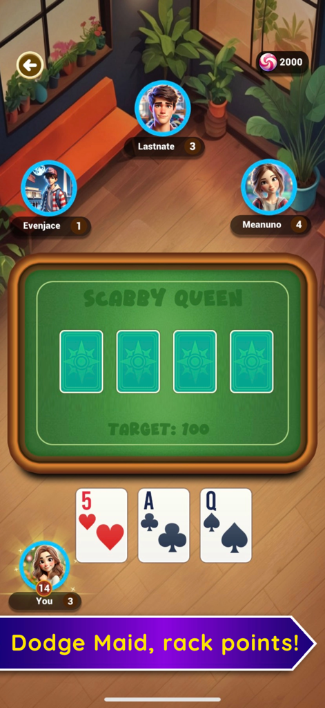 Old Maid: Fun Card Game! - A gameplay screen of the Old Maid card game in Scabby Queen mode with four avatars and card hands.