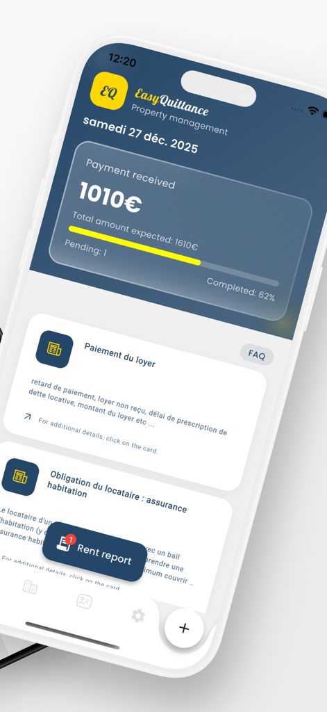 EQ: Rent Receipt & Management - Easy Quittance mobile app dashboard showing rent collection progress and tenant management cards
