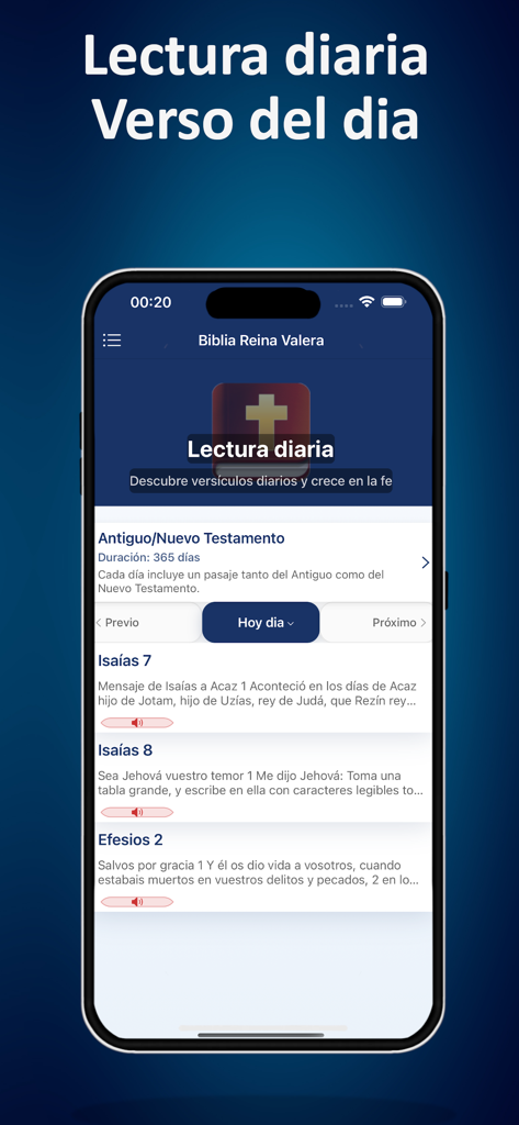 Pantalla de smartphone que muestra la interfaz del plan de lectura diaria en la aplicación Biblia Reina Valera en español con iconos de reproducción de audio.