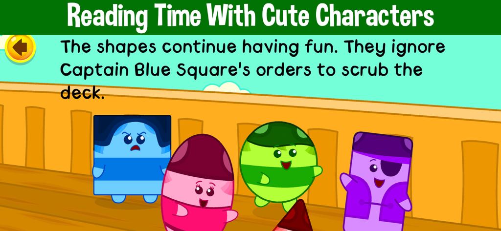 Learn To Read Stories For Kids - Animated shape characters on a wooden deck in a children's interactive story app scene.