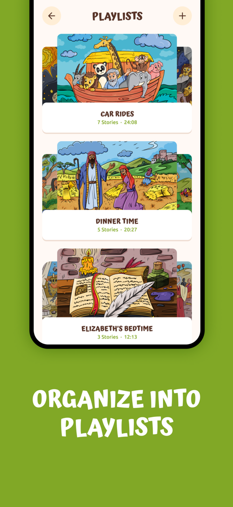 Bible Stories For Kids! - App screen showing custom Bible story playlists for car rides and bedtime.