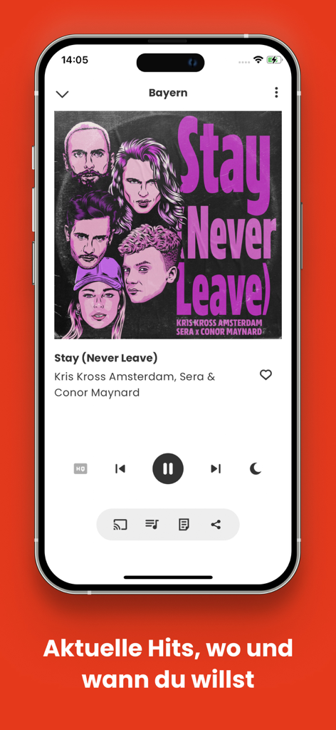 Radio TEDDY - Radio TEDDY app music player interface on an iPhone screen displaying current hits and playback controls