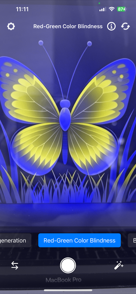 A butterfly image displayed through a red green color blindness filter in the EyeShift app