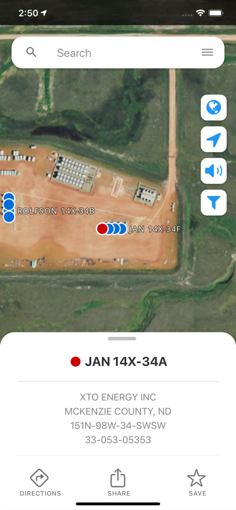 Petro Path - Petro Path app showing a satellite map with oil well locations and site details in North Dakota
