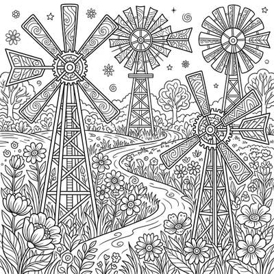 Immerse yourself in the tranquility of spring with this stunning adult coloring page featuring three grand wind pumps. Discover intricate details of blooming flowers and a serene landscape, perfect for a relaxing creative escape.