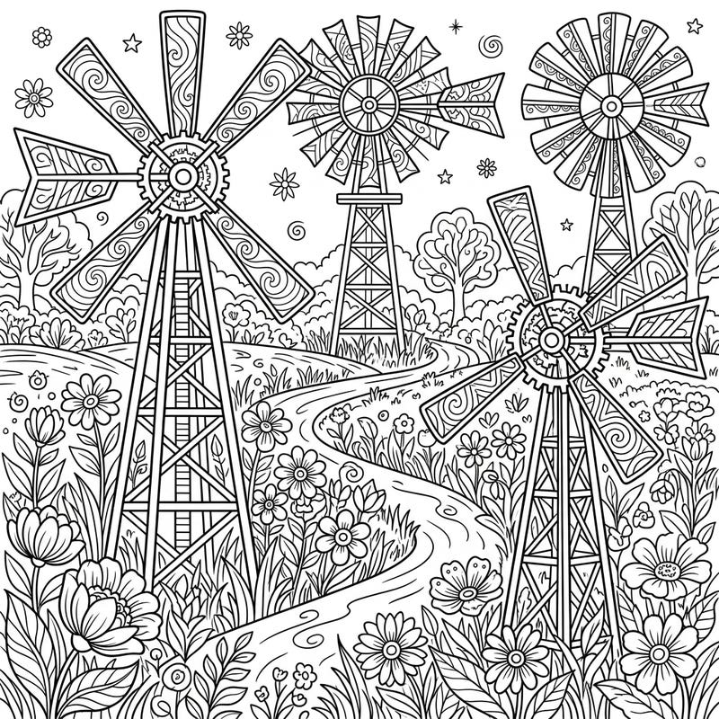 Immerse yourself in the tranquility of spring with this stunning adult coloring page featuring three grand wind pumps. Discover intricate details of blooming flowers and a serene landscape, perfect for a relaxing creative escape.