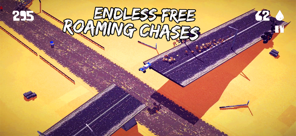 A blue voxel car jumping over a broken highway in a post-apocalyptic desert environment.