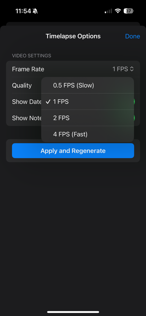 Schermata delle impostazioni del timelapse nell'app GymPic che mostra la frequenza dei fotogrammi e le opzioni video